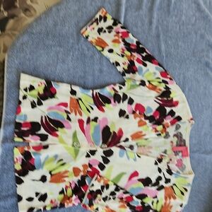 Colorful Abstract Cardigan, 100% Cotton, Decorative Buttons, 3/4 Length Sleeve